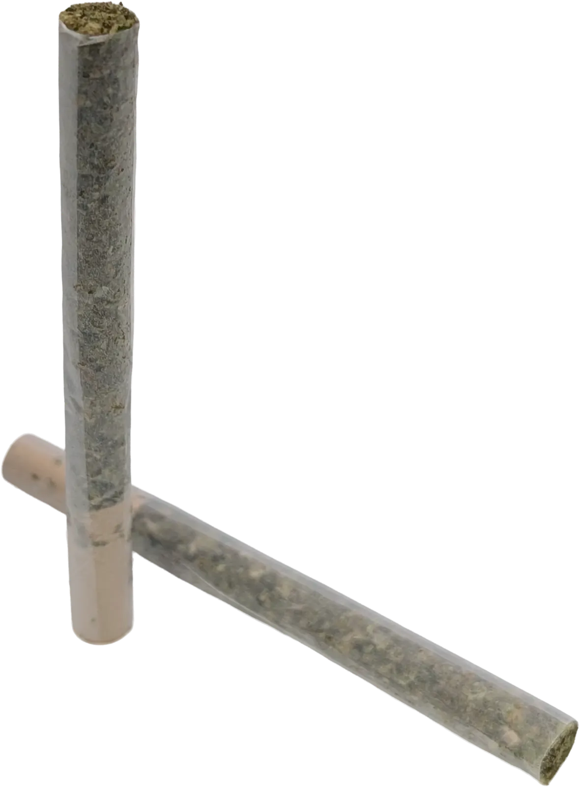 Two Grape Cake straight-cut prerolls, one standing upright and one leaning against it.