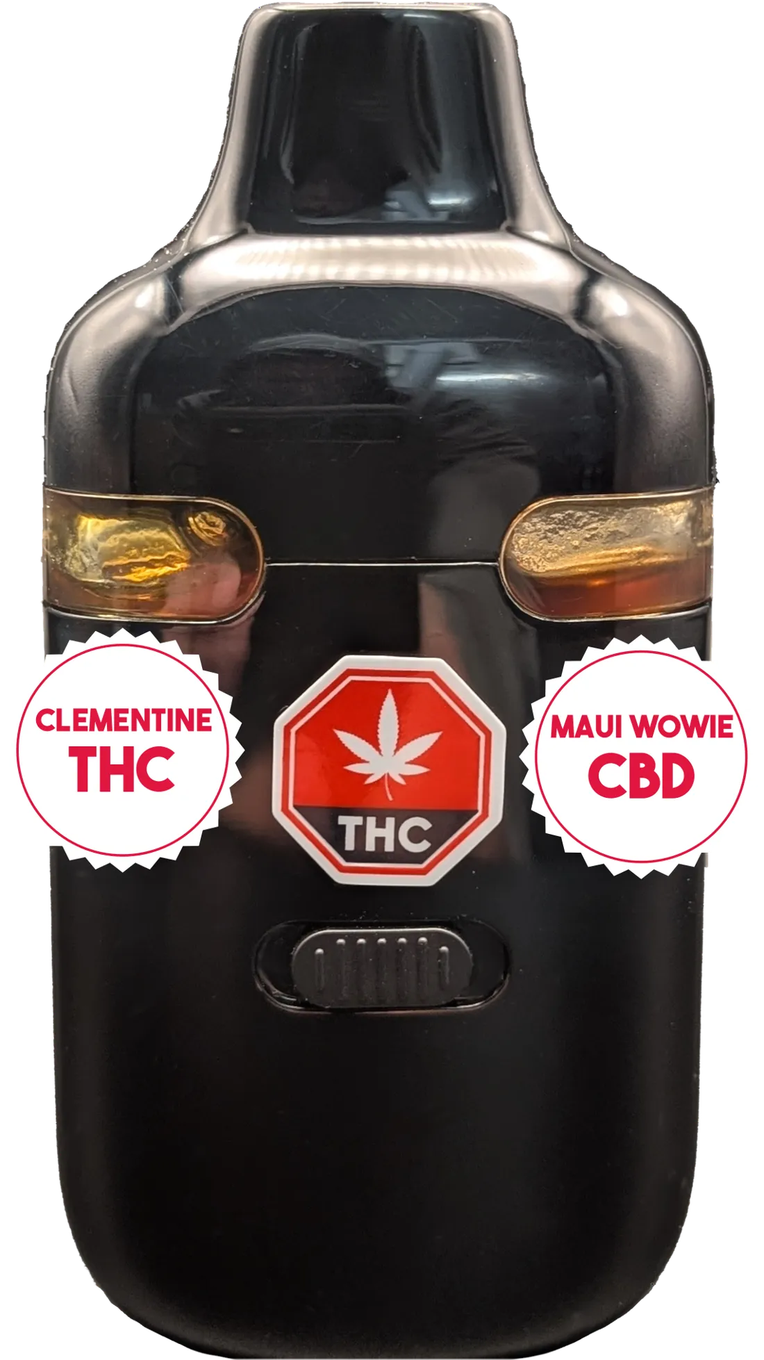 Pure Duo dual-chamber vape with strain medallions: Clementine THC and Maui Wowie CBD.