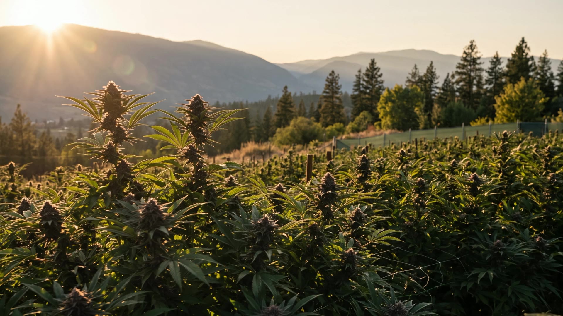 Sun setting behind mountains over a field of flowering cannabis plants